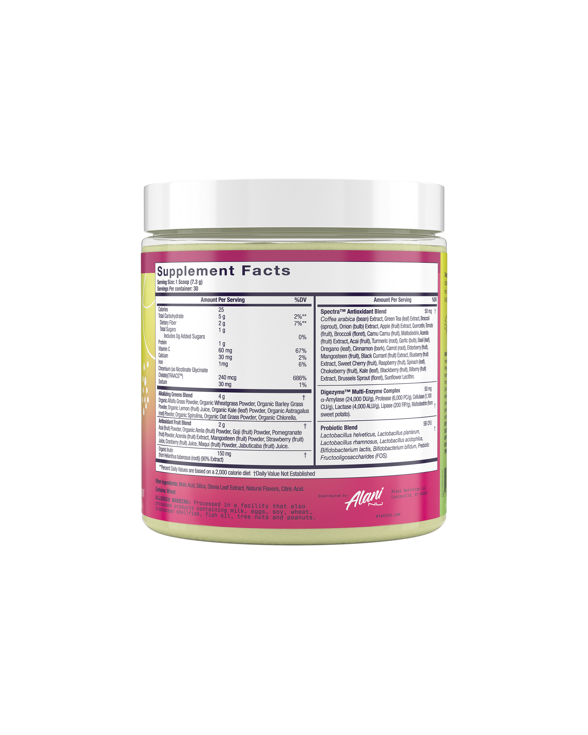 A back view of Super Greens in Wild Berry flavor highlighting supplement facts.