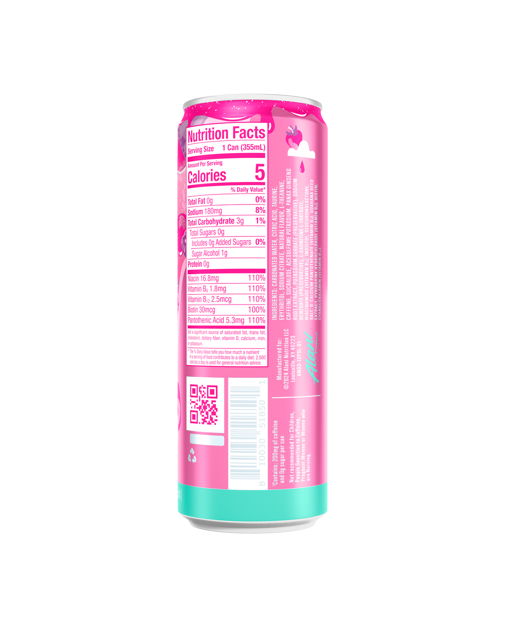 The back view of an Alani Nu Pink Slush Energy Drink can, highlighting nutrition facts.