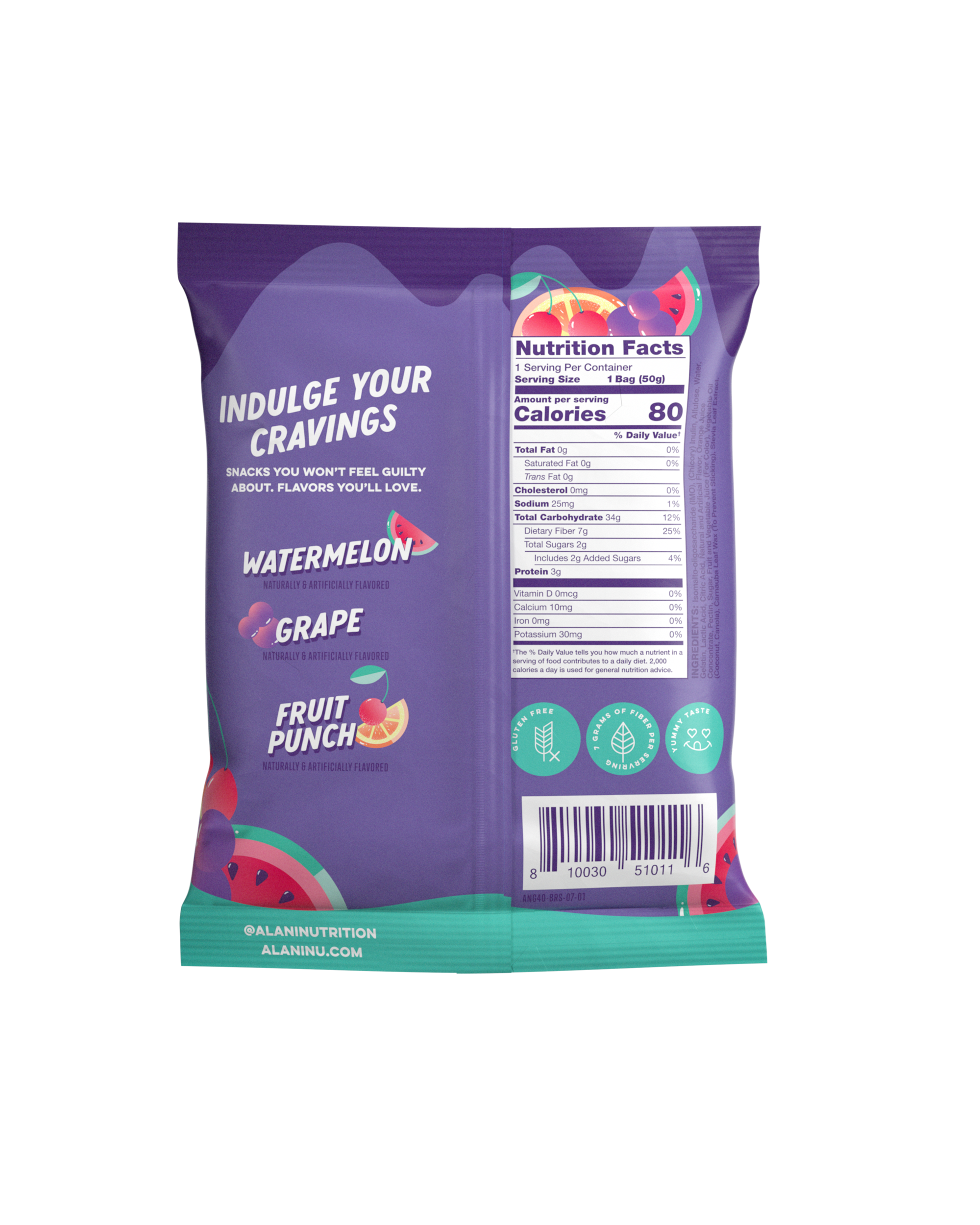 A back view of Gummi in Gummy Bears flavor showcases the nutritional information.
