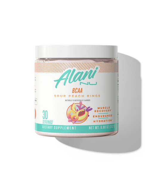 A 30 serving container of BCAA in Sour Peach Rings flavor.
