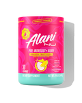 The front view of a 30-serve tub of Alani Nu Dragon Fruit Rush Pre-Workout+ Burn, flavored with other natural flavors and made to help burn fat, boost energy, and spark metabolism.*