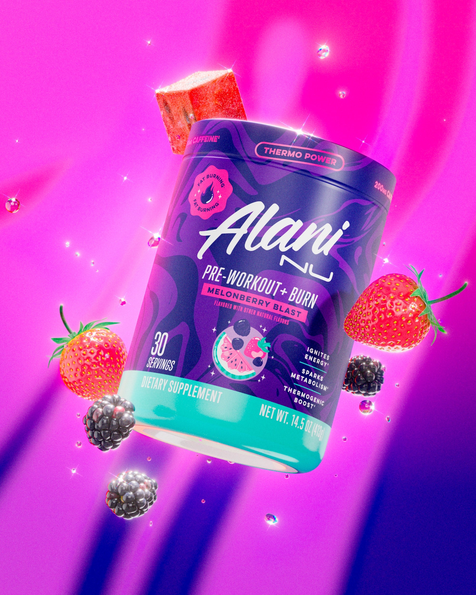 A tub of Alani Nu Melonberry Blast Pre-Workout+ Burn floating midair with strawberries, blackberries, and watermelon cubes.