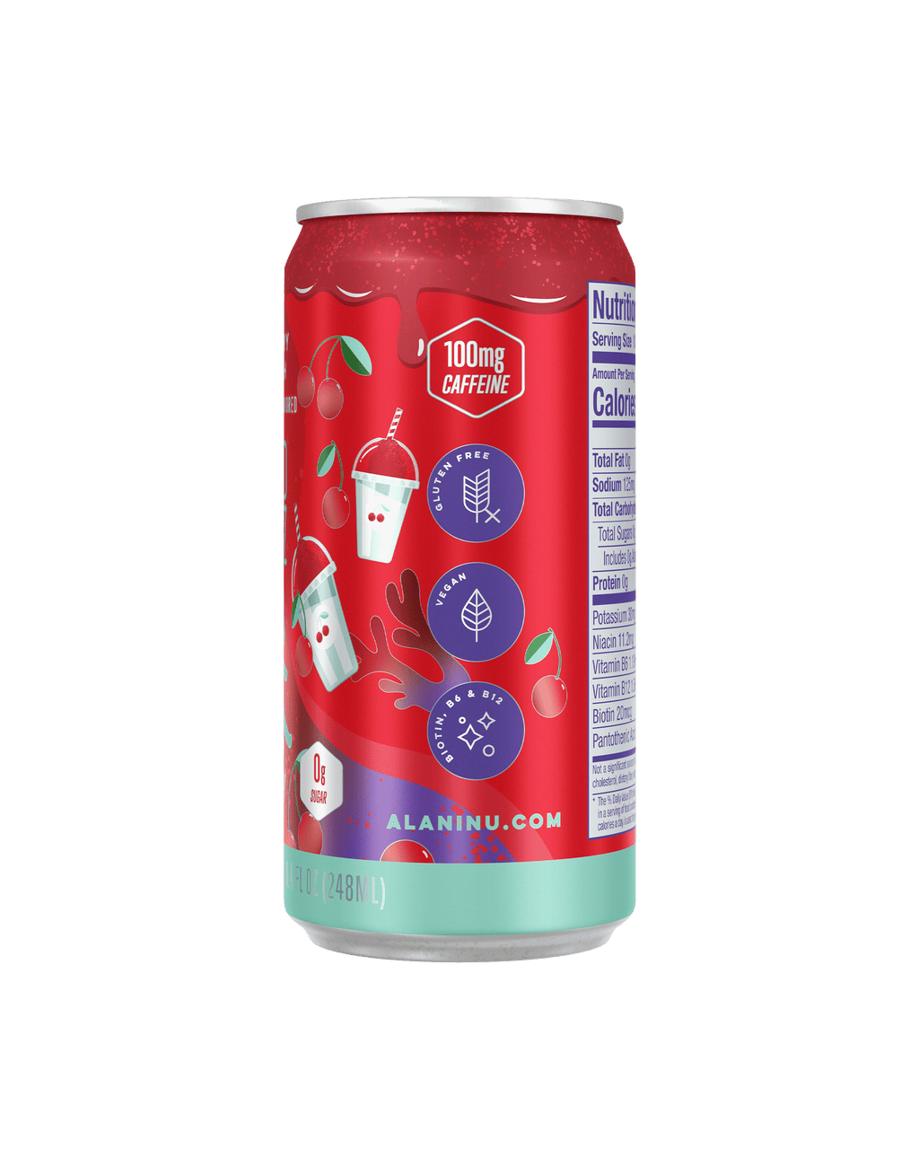 A side view of Mini Energy in Cherry Slush flavor showcasing caffeine details, gluten free, vegan and biotin details.