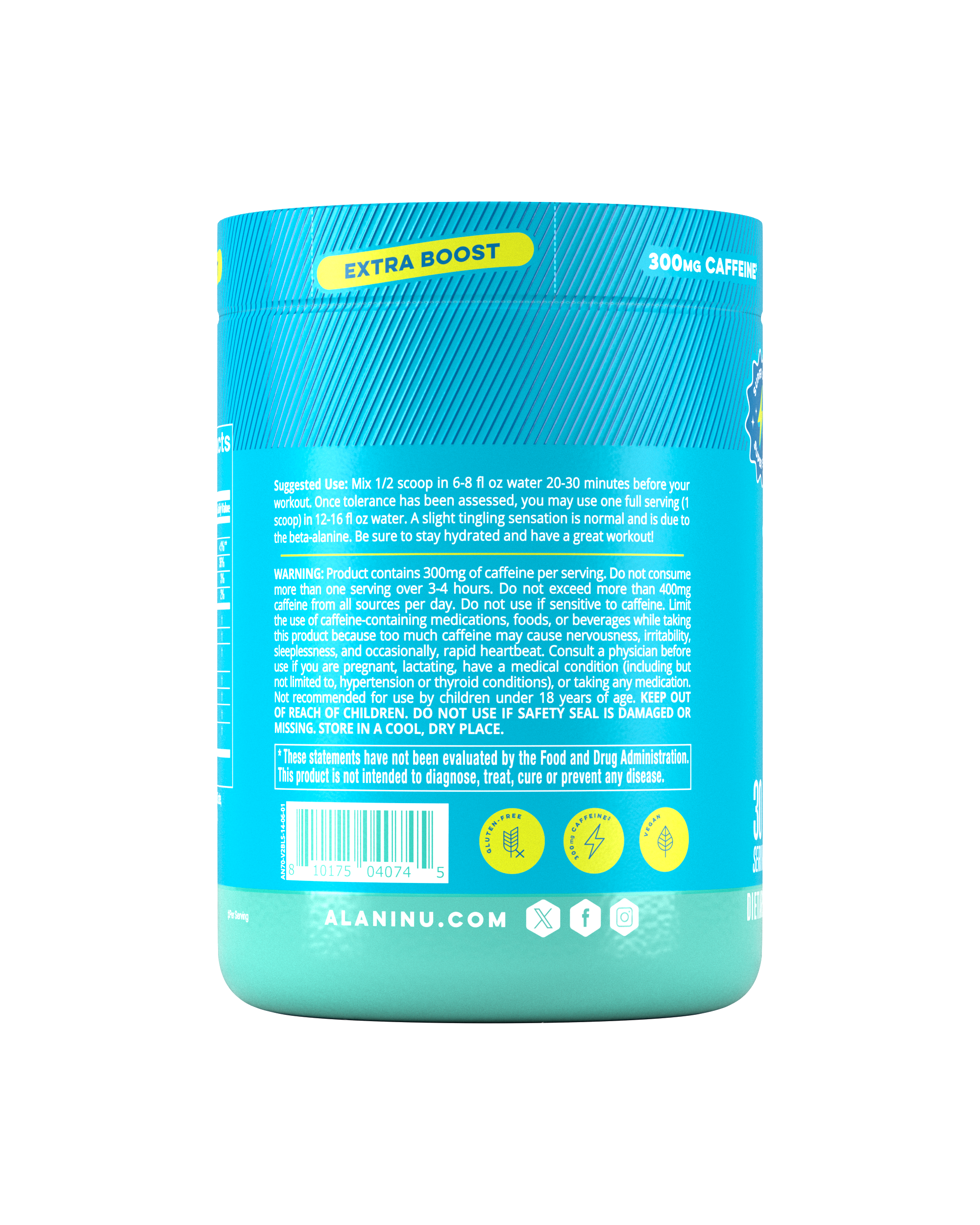 The side view of a Blue Slush Pre-Workout+ tub, gluten-free, vegan, and made with 300mg of caffeine. Suggested-use directions shown.
