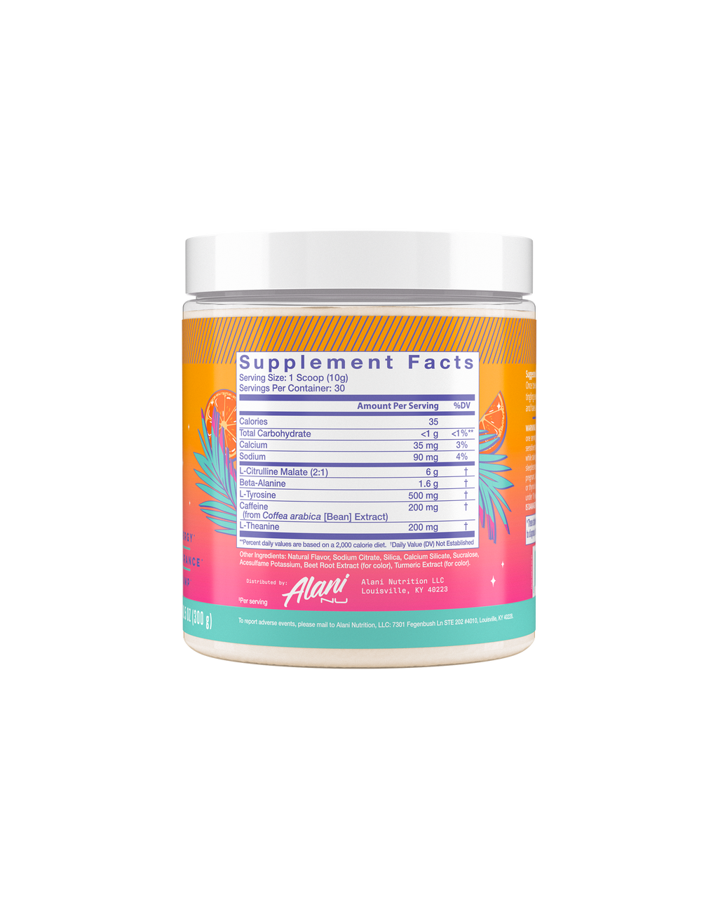 The back view of an Alani Nu Orange Kiss Pre-Workout tub, highlighting nutrition facts.