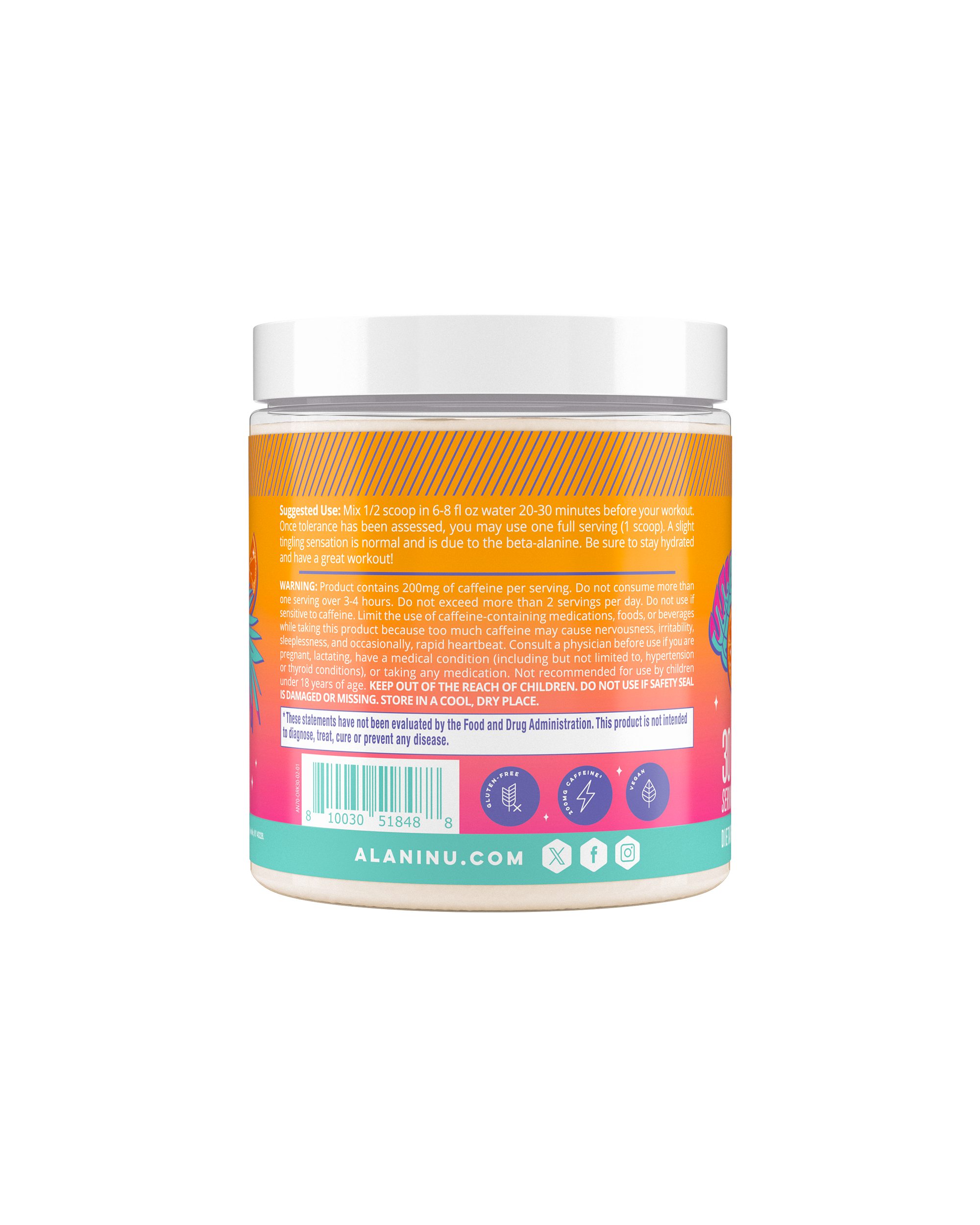 The side view of an Alani Nu Orange Kiss Pre-Workout tub, suggested use.