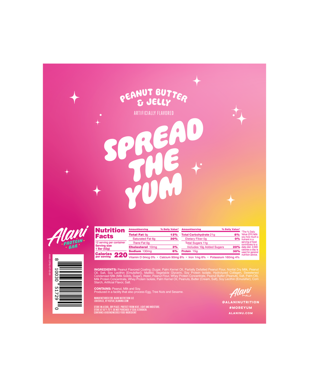 The nutrition facts label of Protein Bar in Peanut Butter & Jelly flavor.