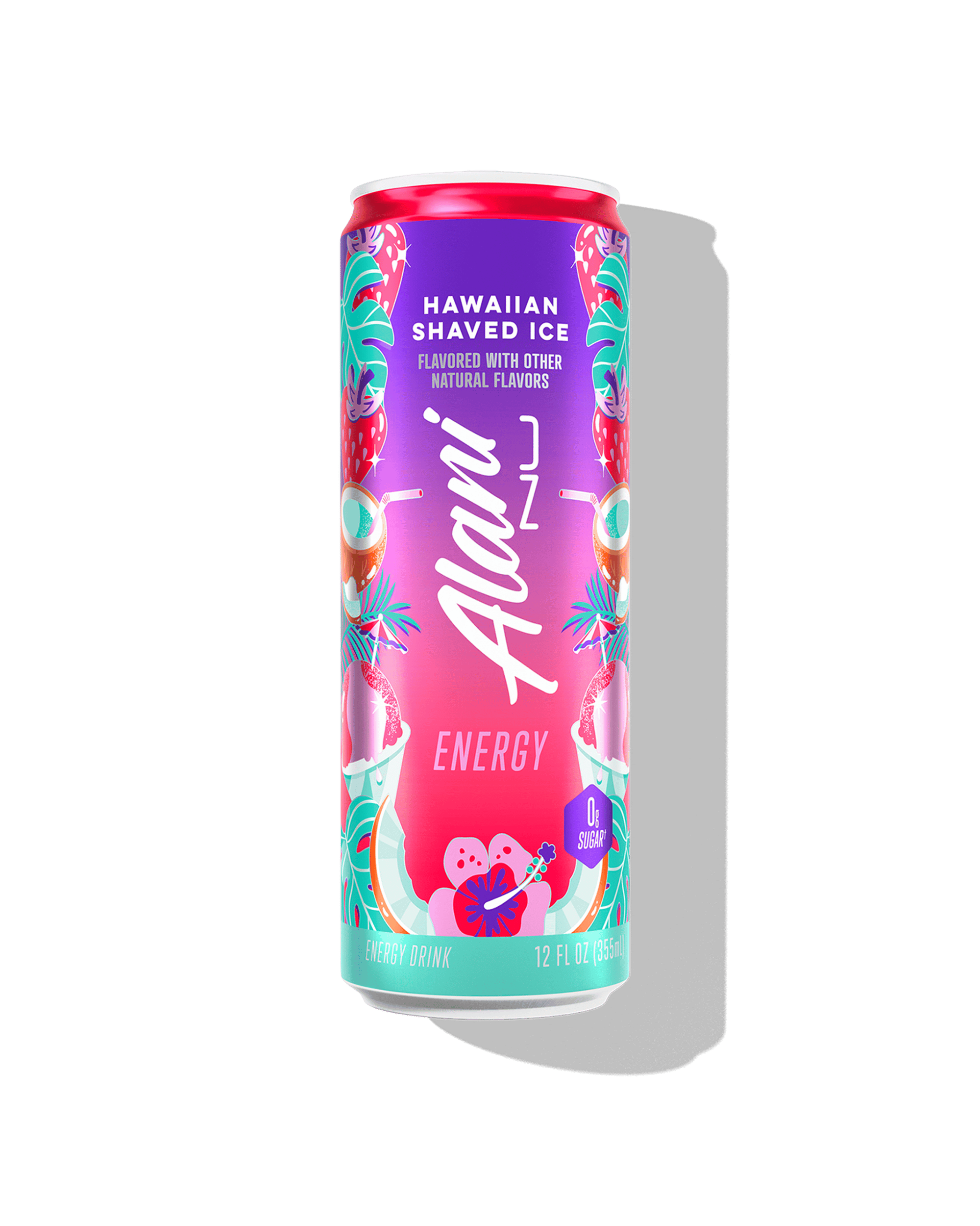 The front view of an Alani Nu Hawaiian Shaved Ice Energy Drink can, made with zero sugar.​