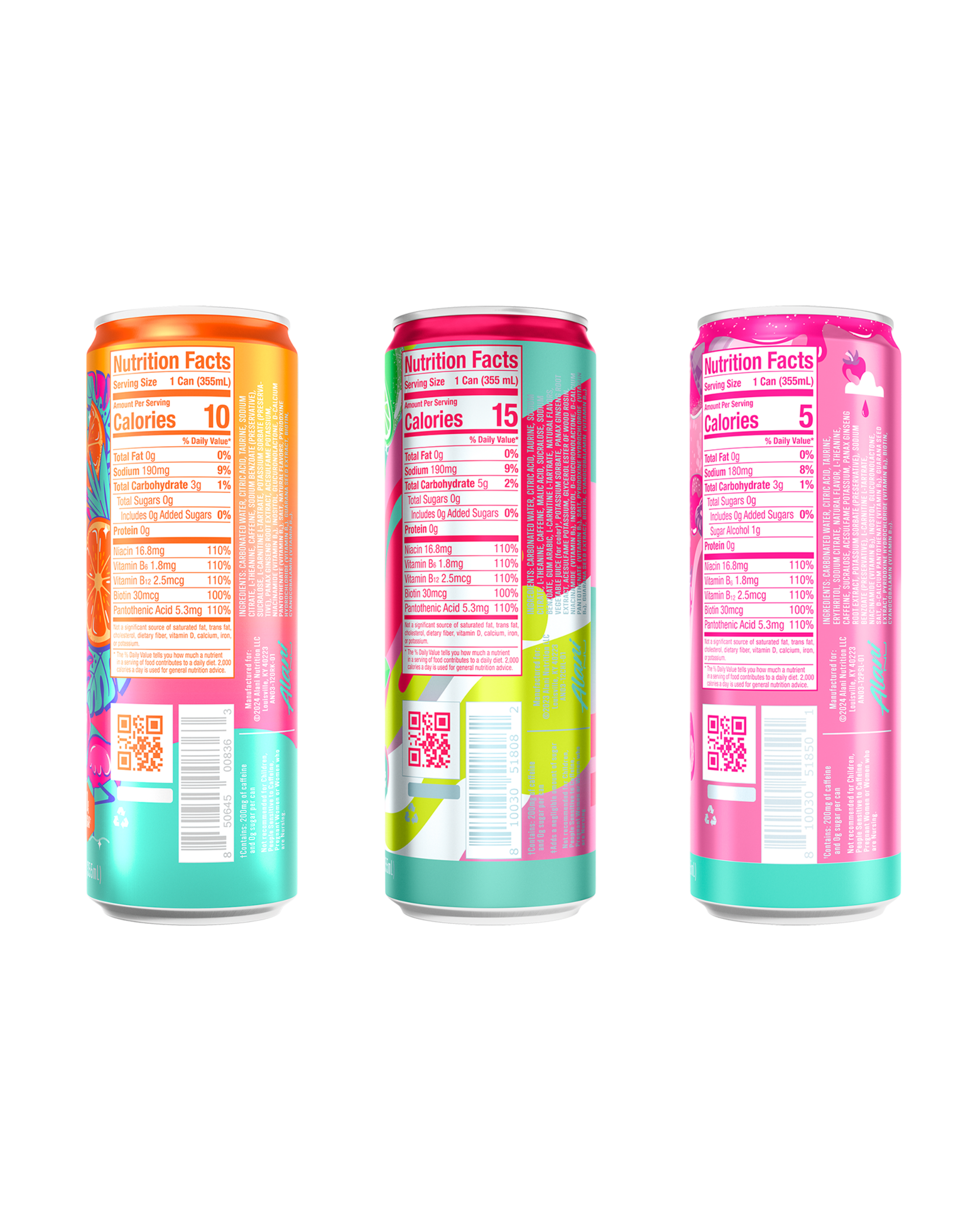 The back views of a 10-calorie Orange Kiss Energy, a 15-calorie Cherry Twist Energy, and a 5-calorie Pink Slush Energy, highlighting each can's nutrition facts and ingredients.