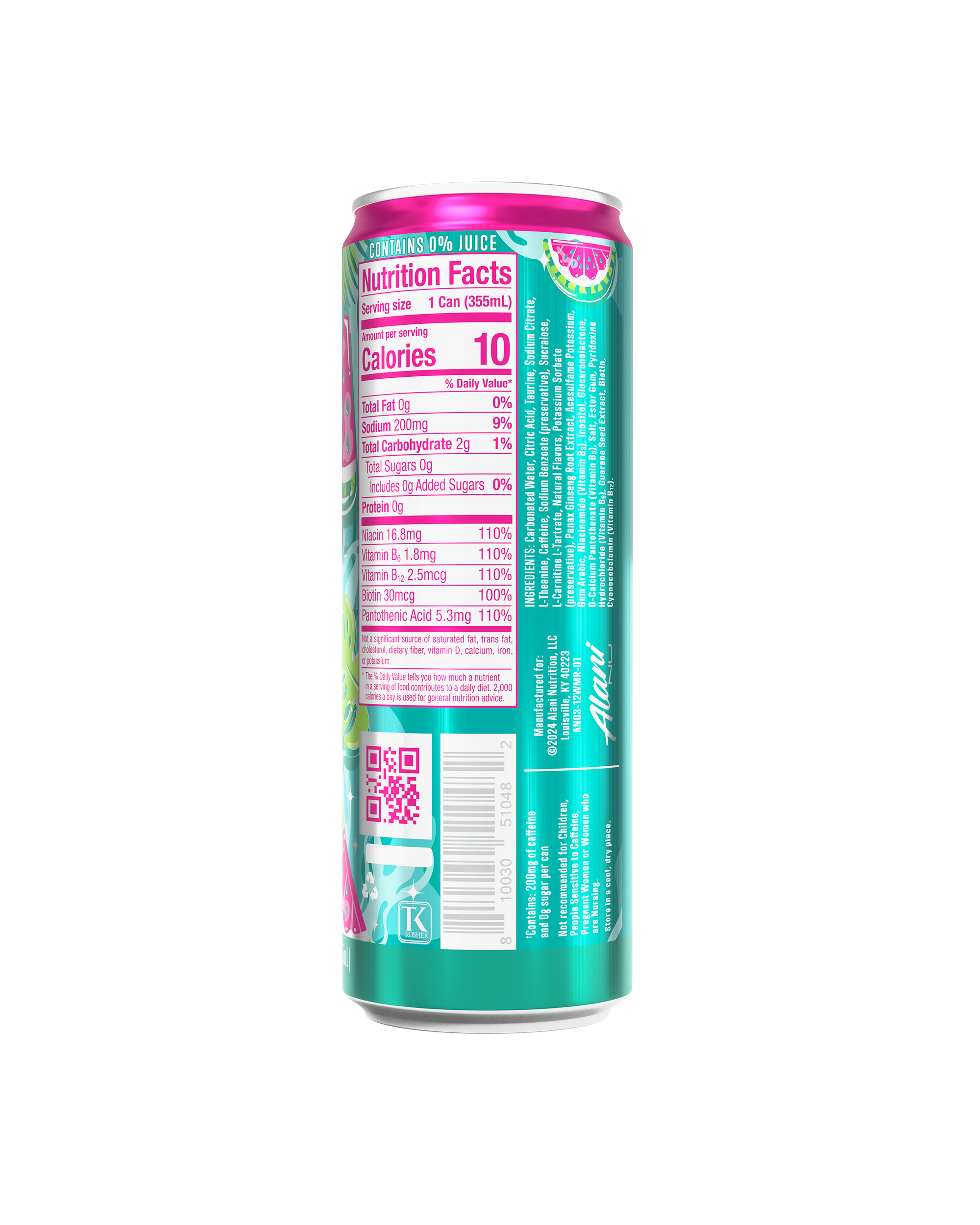 A back-facing view of a Watermelon Wave Energy Drink can with a seafoam green design, nutrition panel, ingredients, and manufacturer information text.
