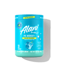 The front view of a 30-serve tub of Alani Nu Blue Slush Pre-Workout+, flavored with other natural flavors and made to support better pump, added hydration, and added focus.